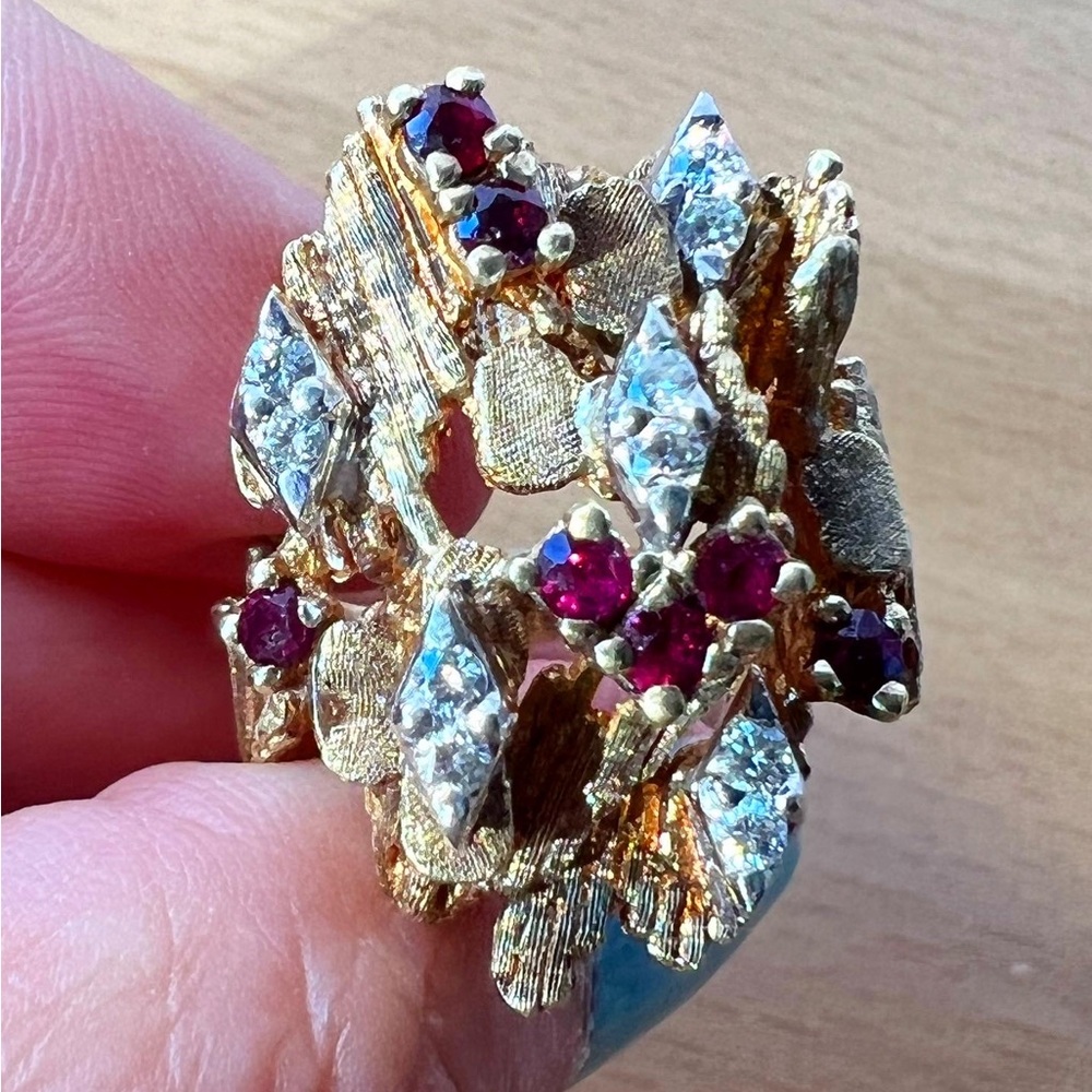 VINTAGE 14K YELLOW GOLD RUBY DIAMOND RING COCKTAIL STATEMENT UNIQUE CUSTOM MADE